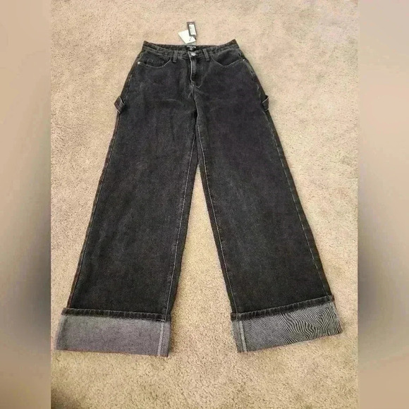 PrettyLittleThing Size 4 NWT Jeans Black 28" Waist Wide Leg Womens #F166 - Picture 1 of 5